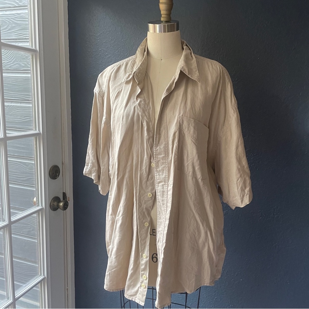 Vintage Linen Beige Button-Up Short Sleeve Shirt